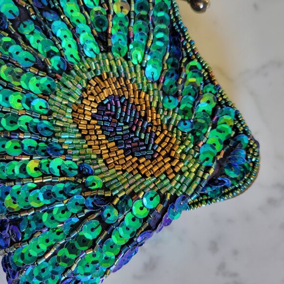 mg Collection Green & Blue Beaded and Sequined Peacock Evening Clutch - Picture 5 of 11